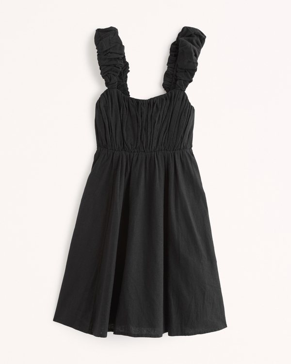 Puff Strap Babydoll Mini Dress, Black