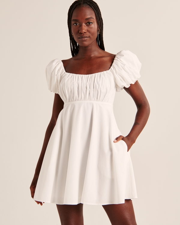 Ruched Puff Sleeve Mini Dress, White