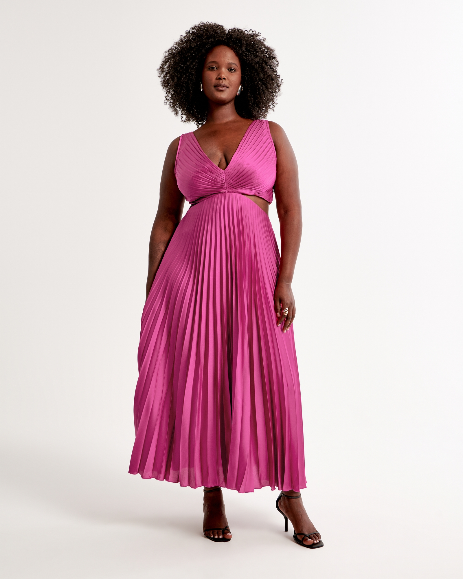 Satin Pleated Cutout Maxi Dress