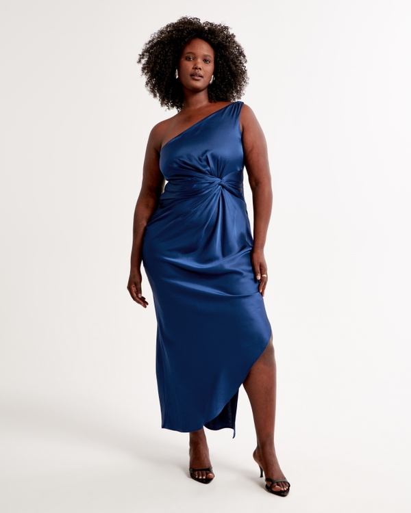 One-Shoulder Satin Knotted Midi Dress, Blue view 1