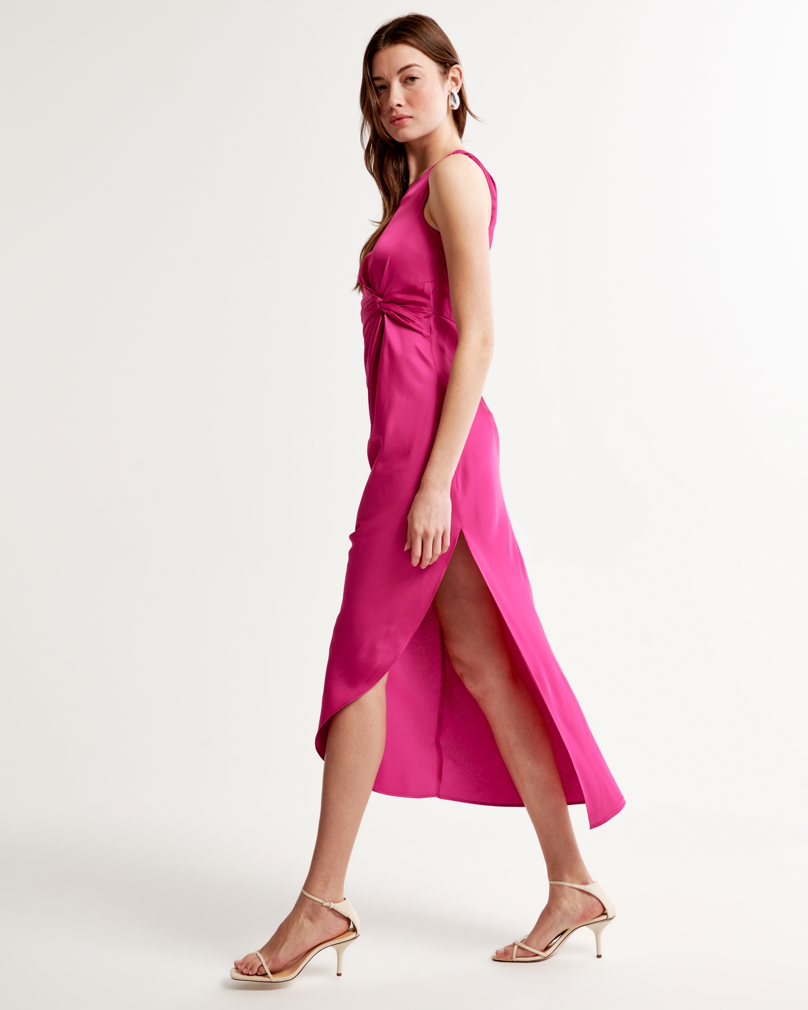 Women's One-Shoulder Satin Knotted Midi Dress, Women's Clearance