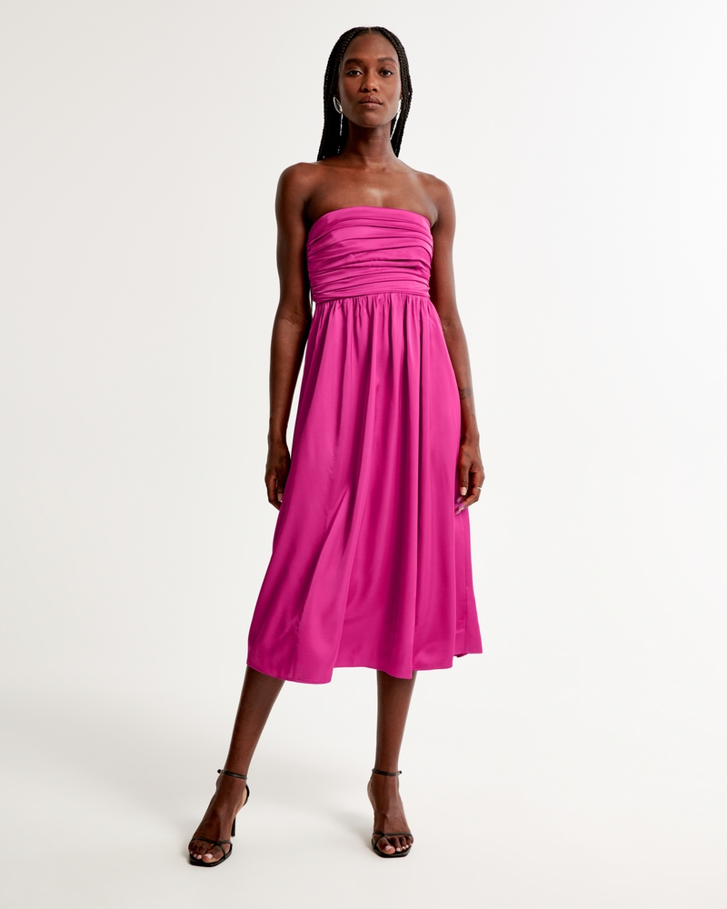 Women's Emerson Ruched Strapless Midi Dress | Women's Dresses & Jumpsuits | Abercrombie.com