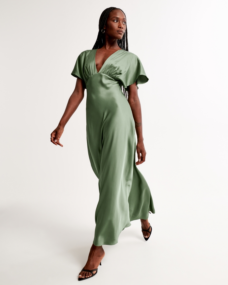Women's Flutter Sleeve Satin Maxi Dress