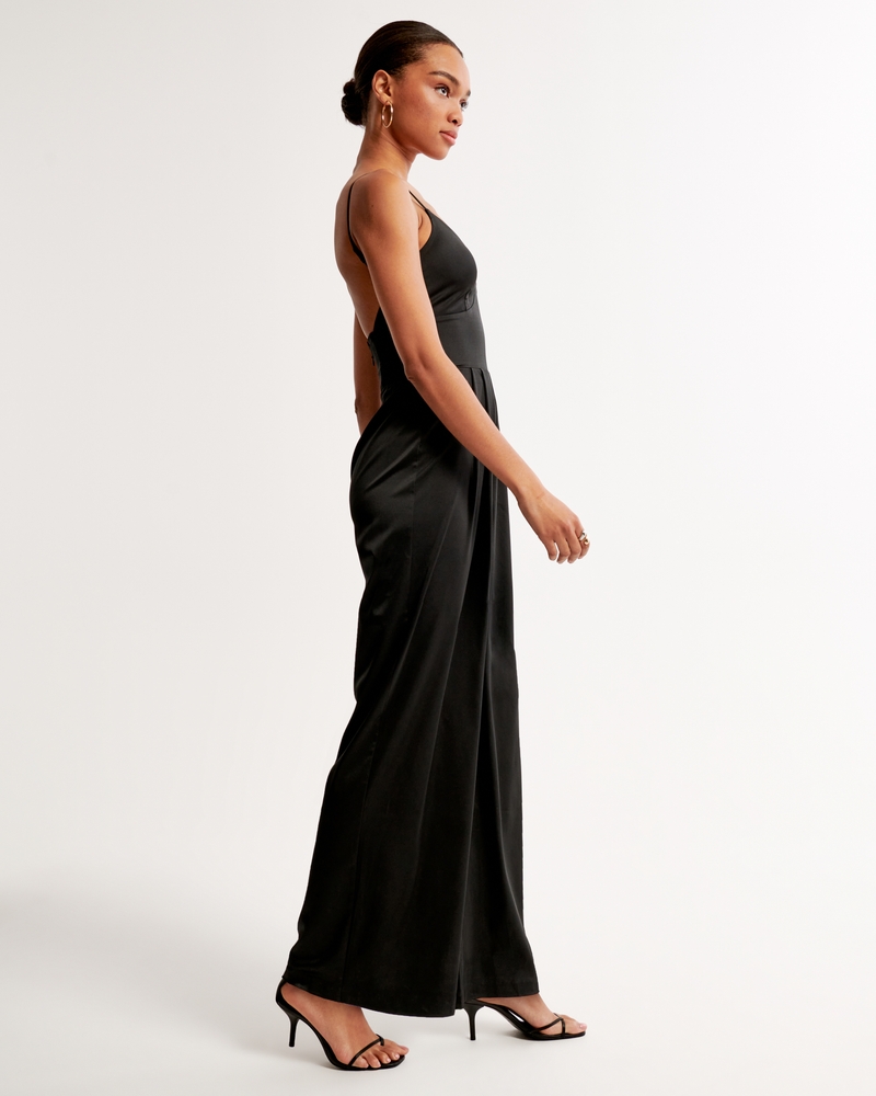 Black Satin Jumpsuit Formal Jumpsuit Evening Wear With V Neck And