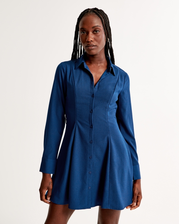 Long-Sleeve Crepe Shirt Dress, Blue