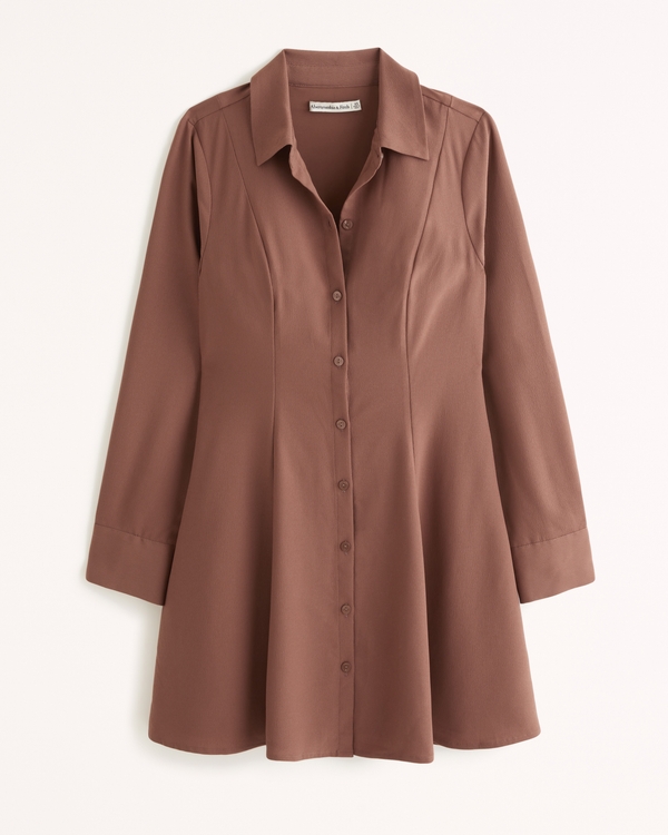 Long-Sleeve Crepe Shirt Dress, Brown