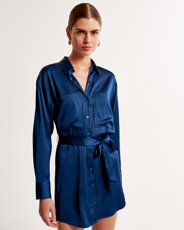 Long-Sleeve Belted Shirt Dress, Blue