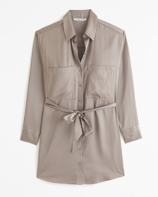 Long-Sleeve Belted Shirt Dress, Brown