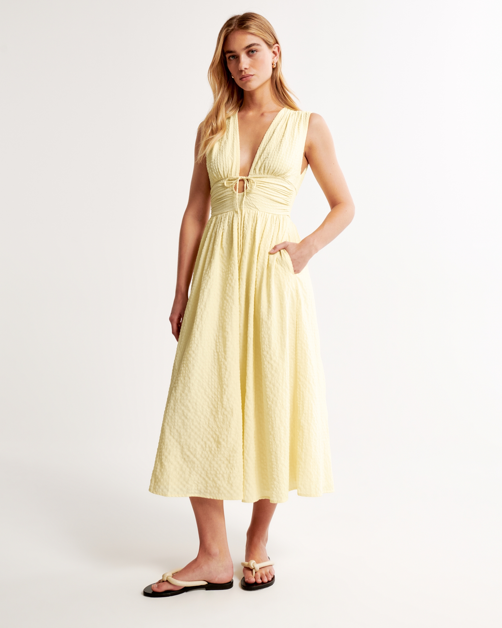 Seersucker Ruched Midi Dress