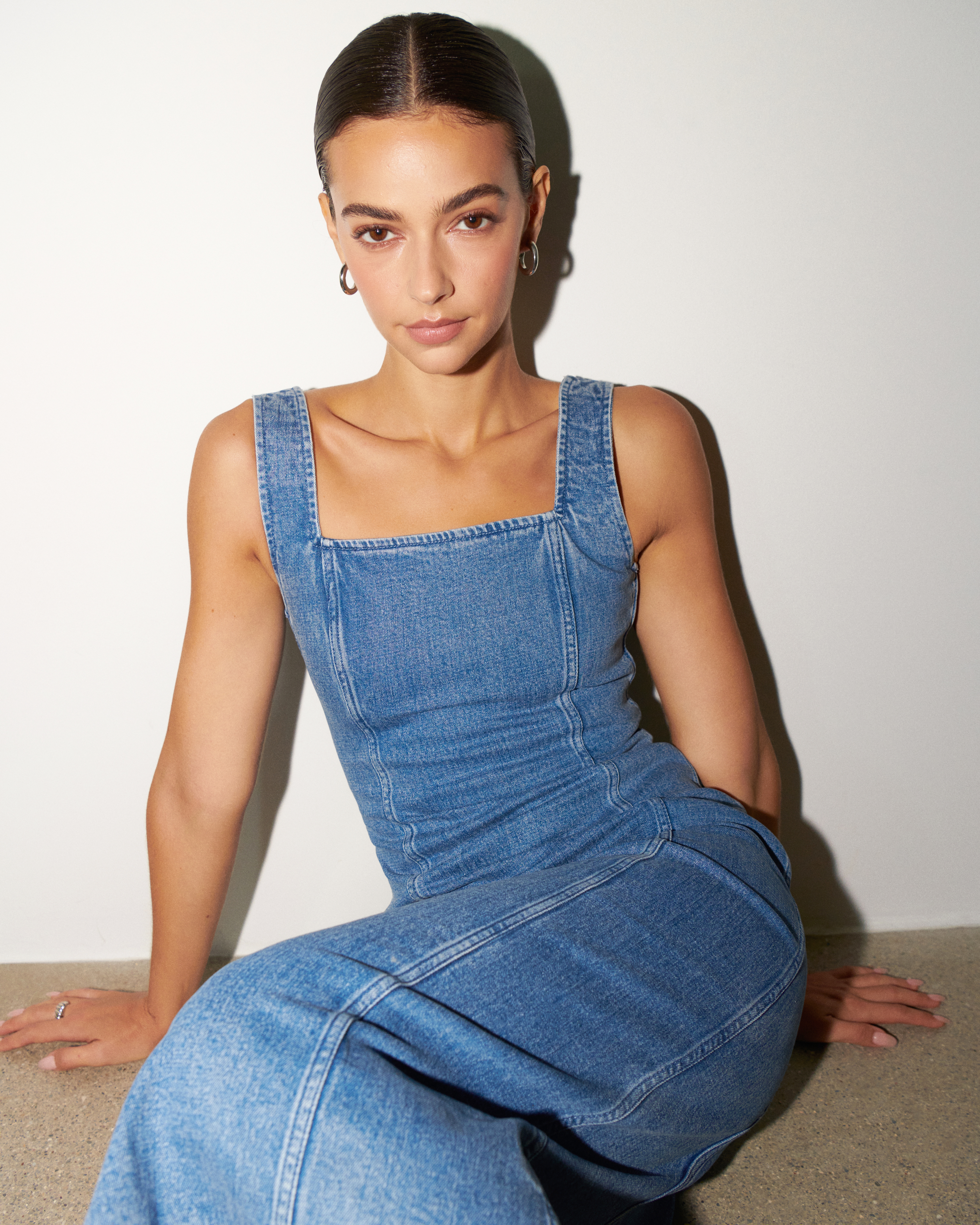 Denim overall midi sales dress