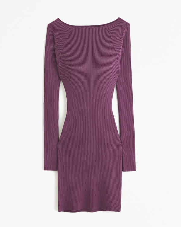 Long-Sleeve Slash Mini Sweater Dress, Burgundy
