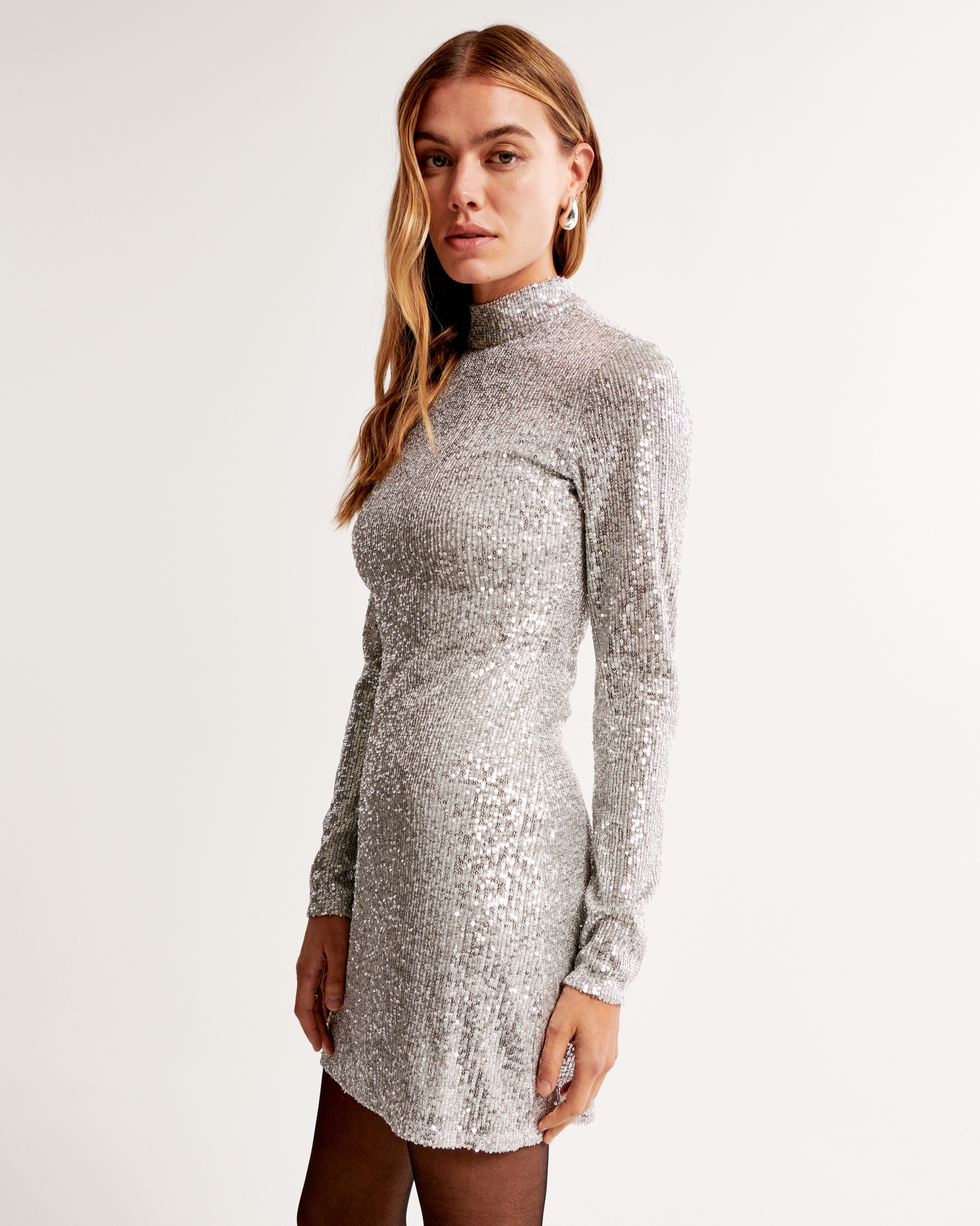 Women's Long-Sleeve Sequin Mockneck Mini Dress