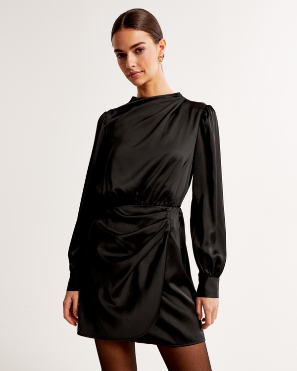 Long-Sleeve Satin Draped High-Neck Mini Dress, Black
