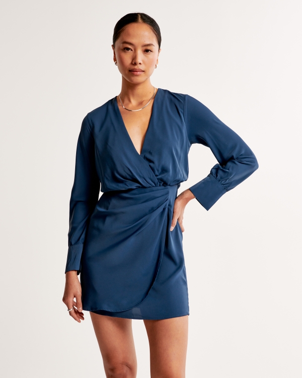 Long-Sleeve Draped Mini Dress, Blue