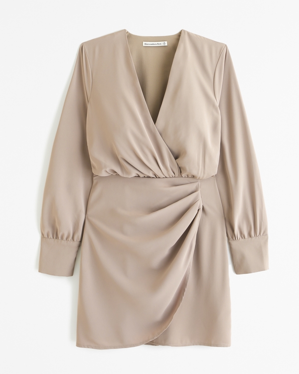 Long-Sleeve Draped Mini Dress, Brown