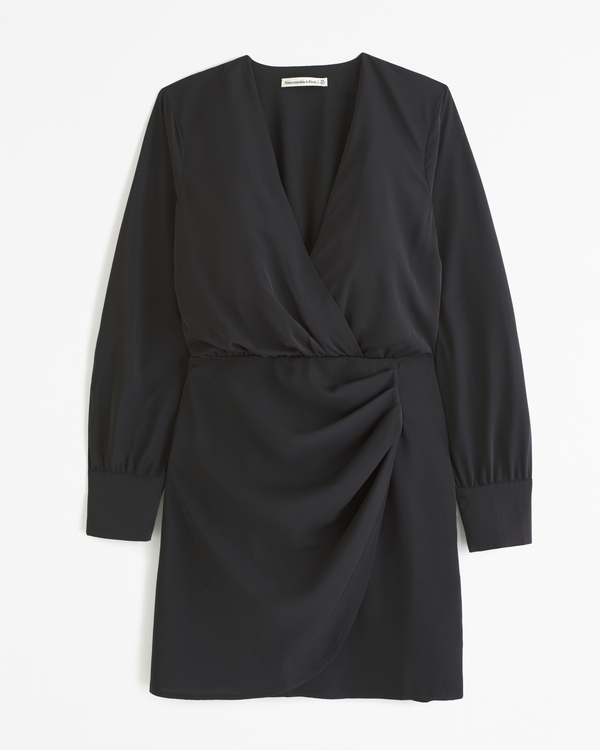 Long-Sleeve Draped Mini Dress, Black