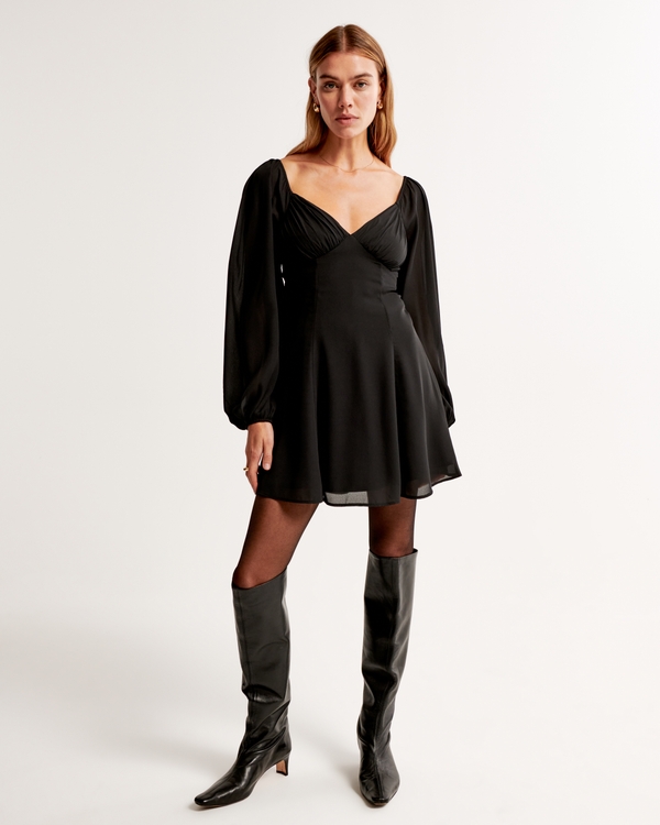 Flowy V-Neck Mini Dress, Black