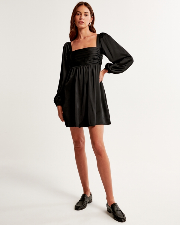 Emerson Satin Long-Sleeve Mini Dress, Black
