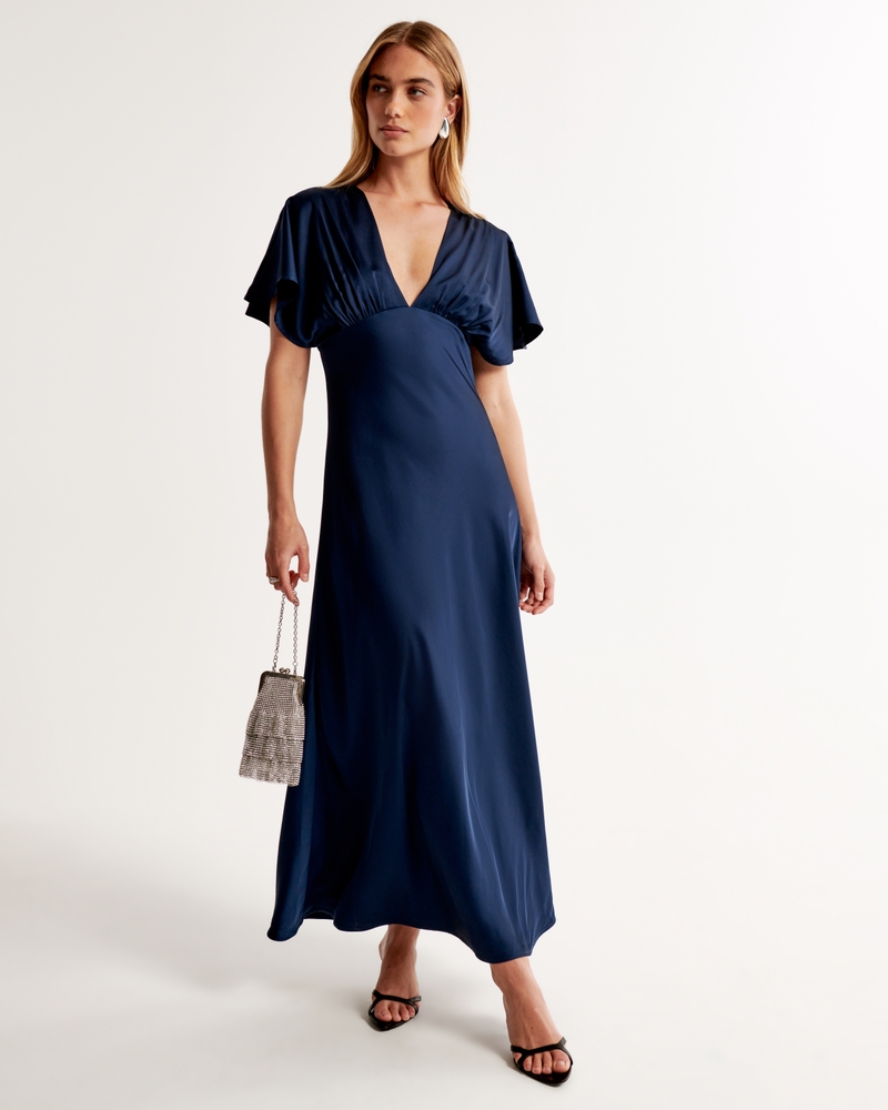 Women's Flutter Sleeve Satin Maxi Dress, Women's Sale