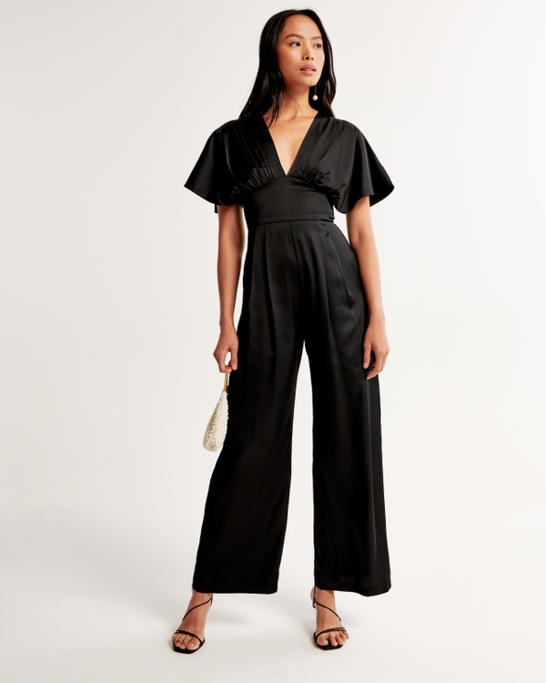 Angel Sleeve Satin Jumpsuit, Black