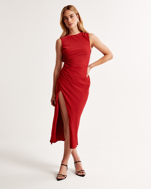 Draped High-Neck Shell Midi Dress, Red