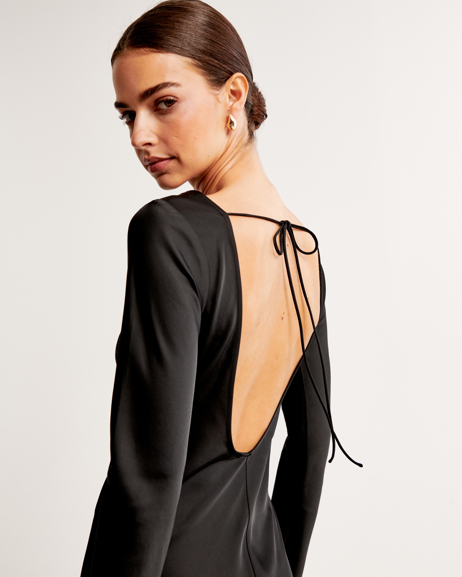 Satin Long-Sleeve Open-Back Mini Dress