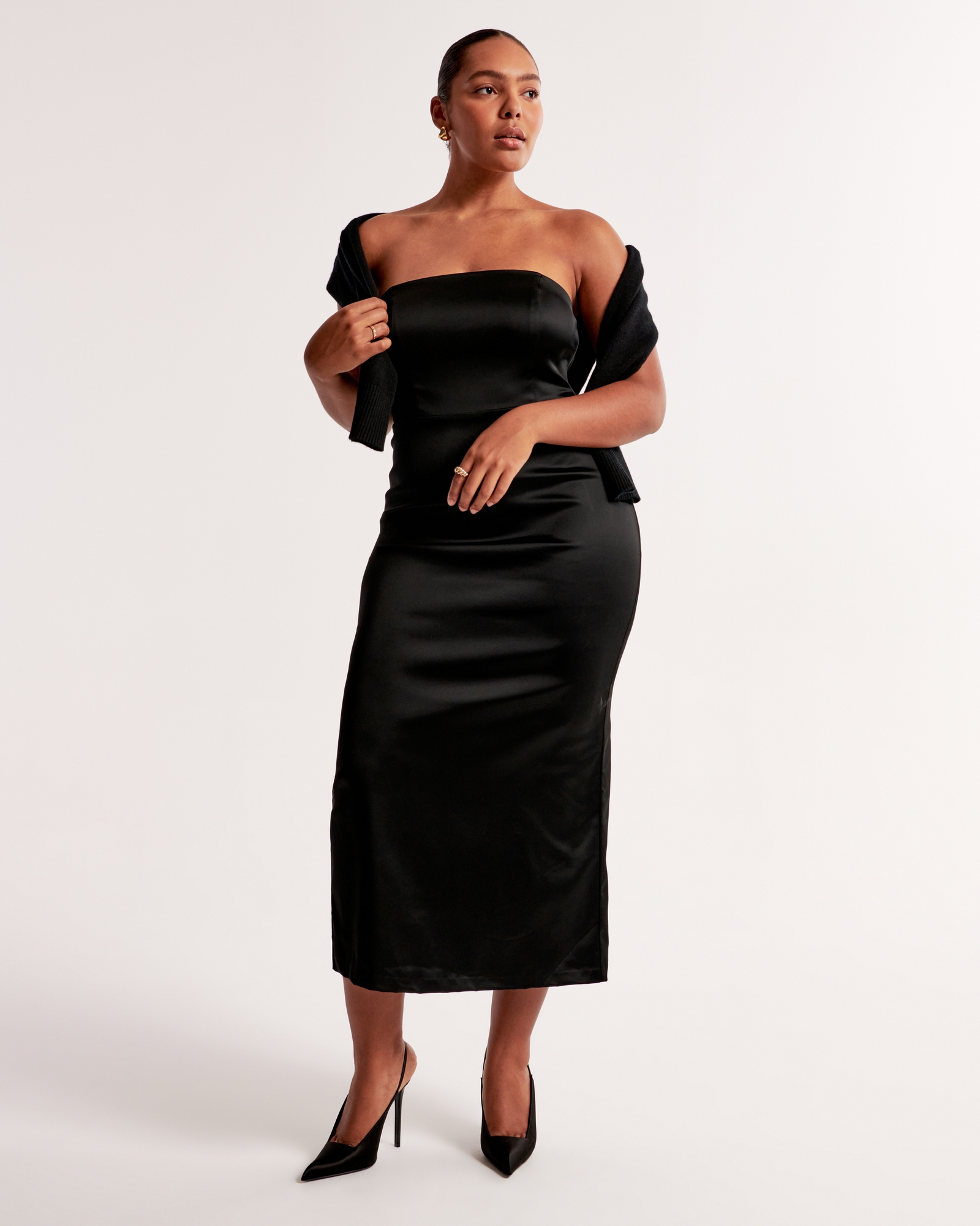 Blissfully Beautiful Black Satin Strapless Tiered Maxi Dress
