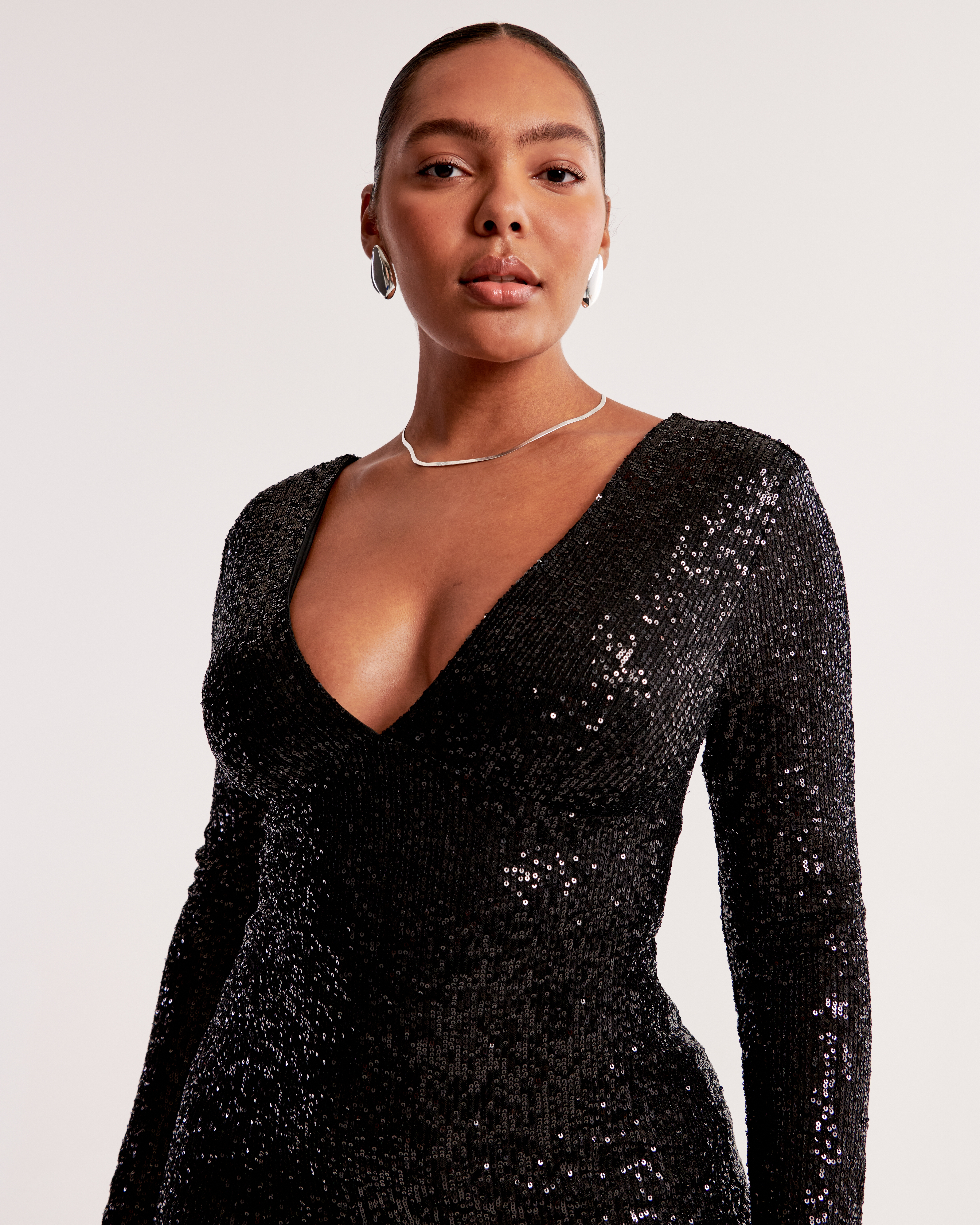 Black plunge sequin long sleeve store bodycon dress