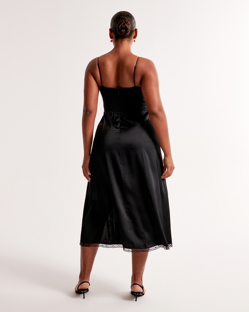 Long dress with side slit skirt and black jacquard silk fabric