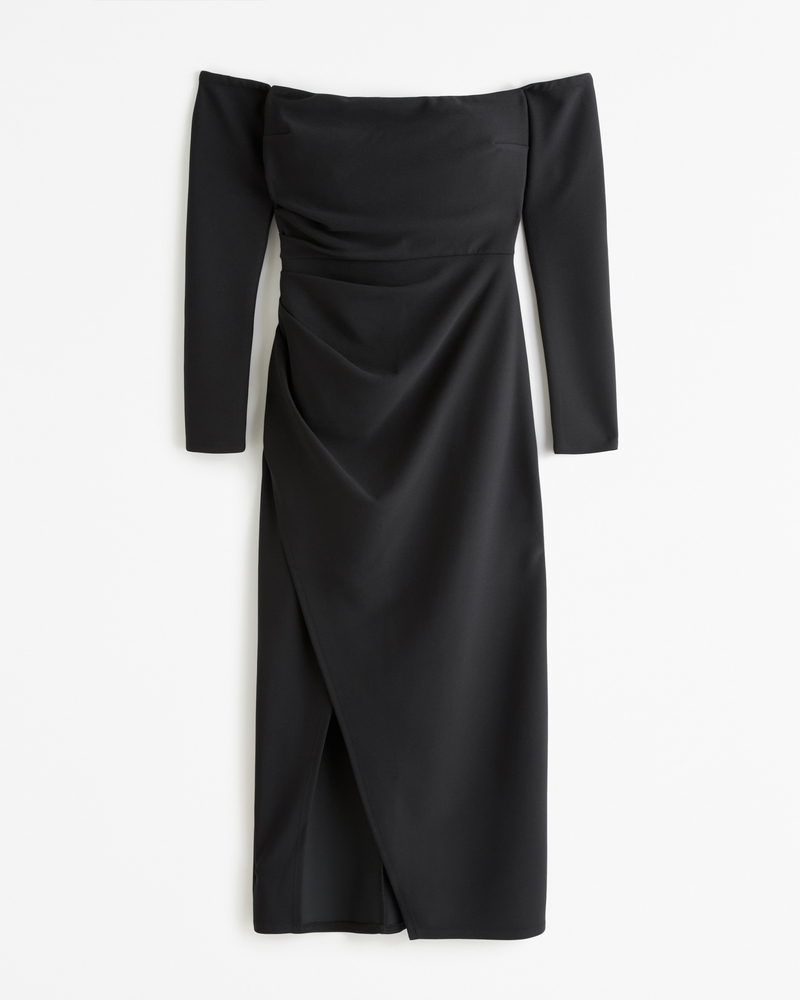 Women's Long-Sleeve Off-the-Shoulder Crepe Midi Dress, Women's Clearance