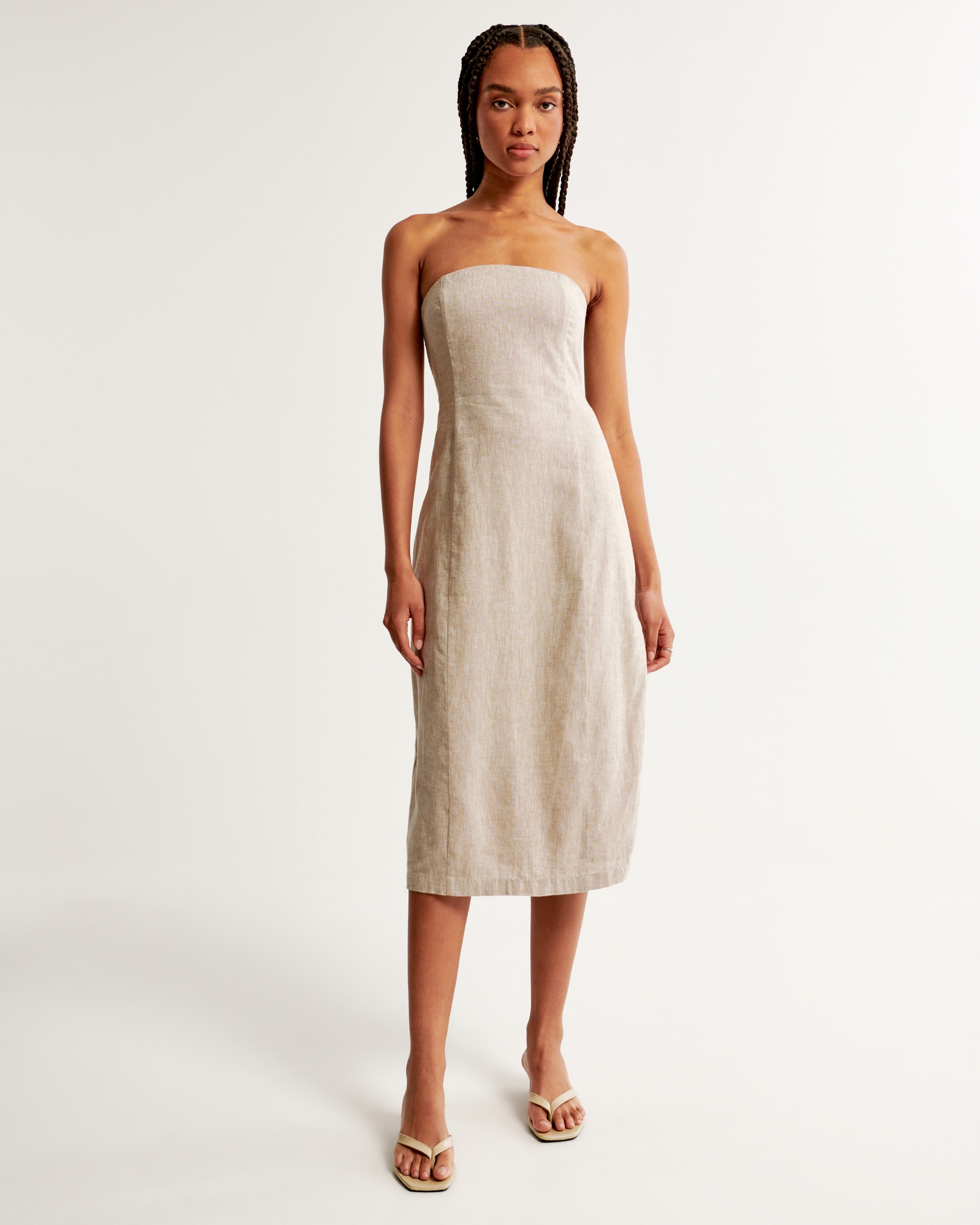 Strapless Linen-Blend Midi Dress