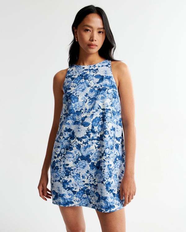 High-Neck Linen-Blend Mini Dress, Navy Floral