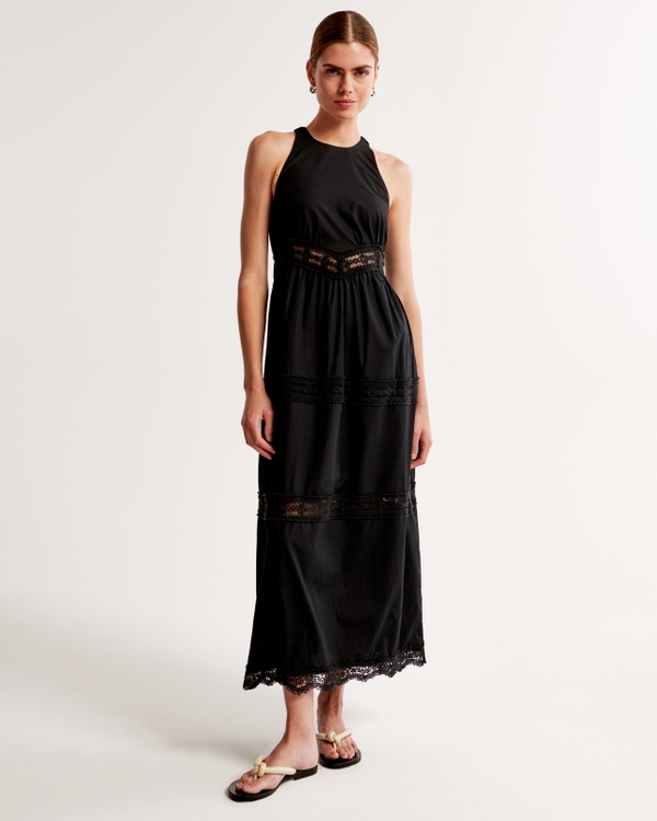 Lace-Trim High-Neck Midi Dress, Black