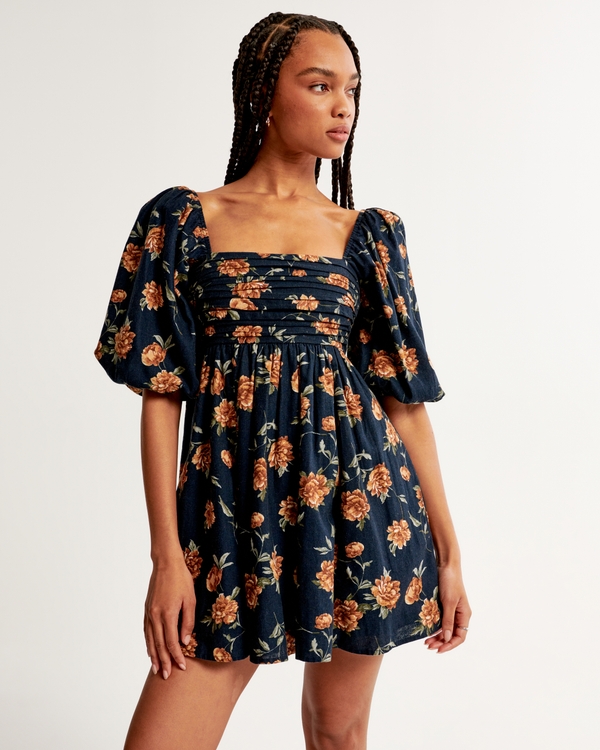 Emerson Linen-Blend Puff Sleeve Mini Dress, Navy Floral