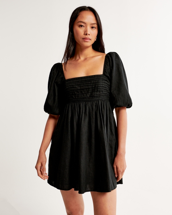 Emerson Linen-Blend Puff Sleeve Mini Dress, Black