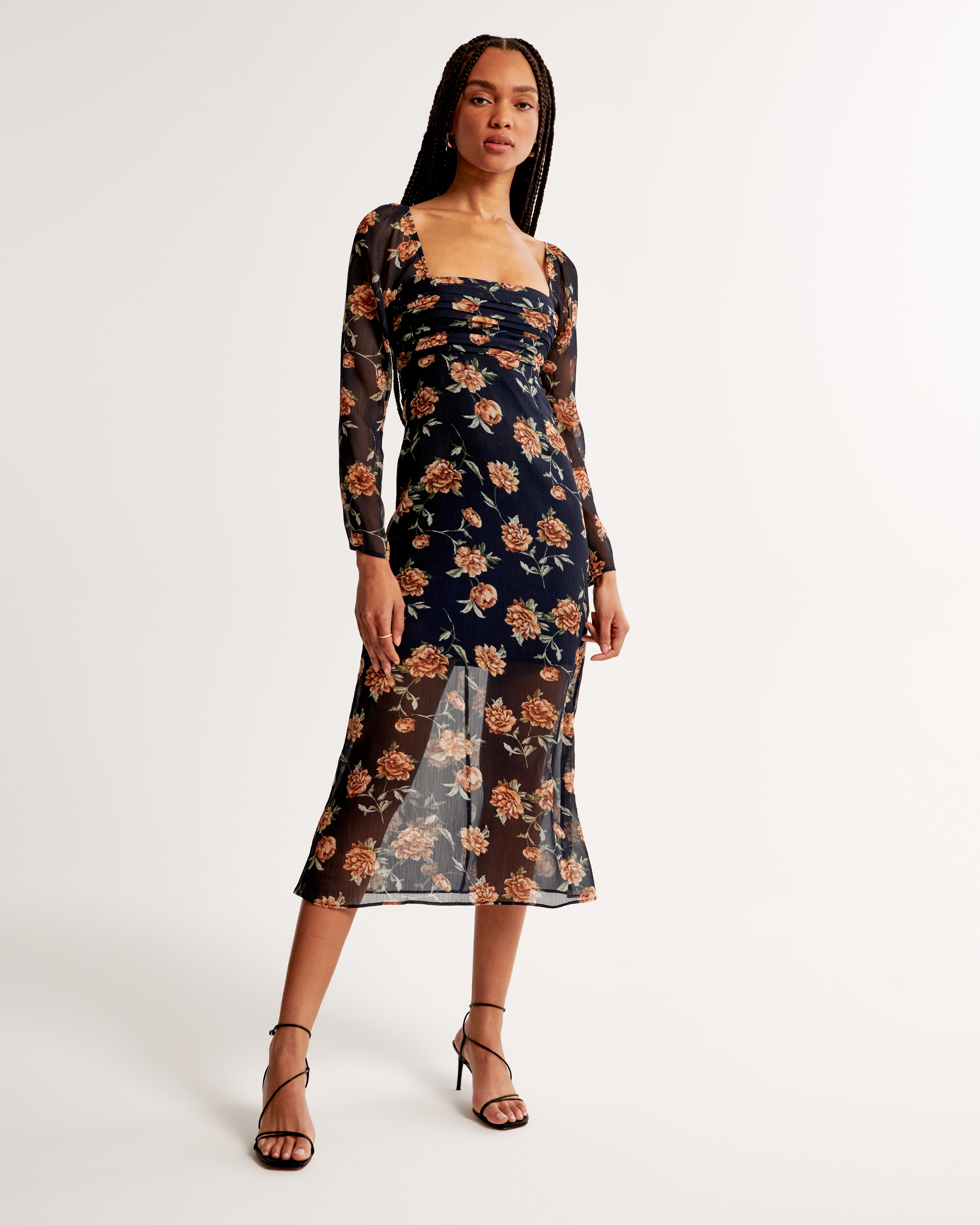 Women's The A&F Emerson Chiffon Long-Sleeve Midi Dress | Women's Clearance  | Abercrombie.com