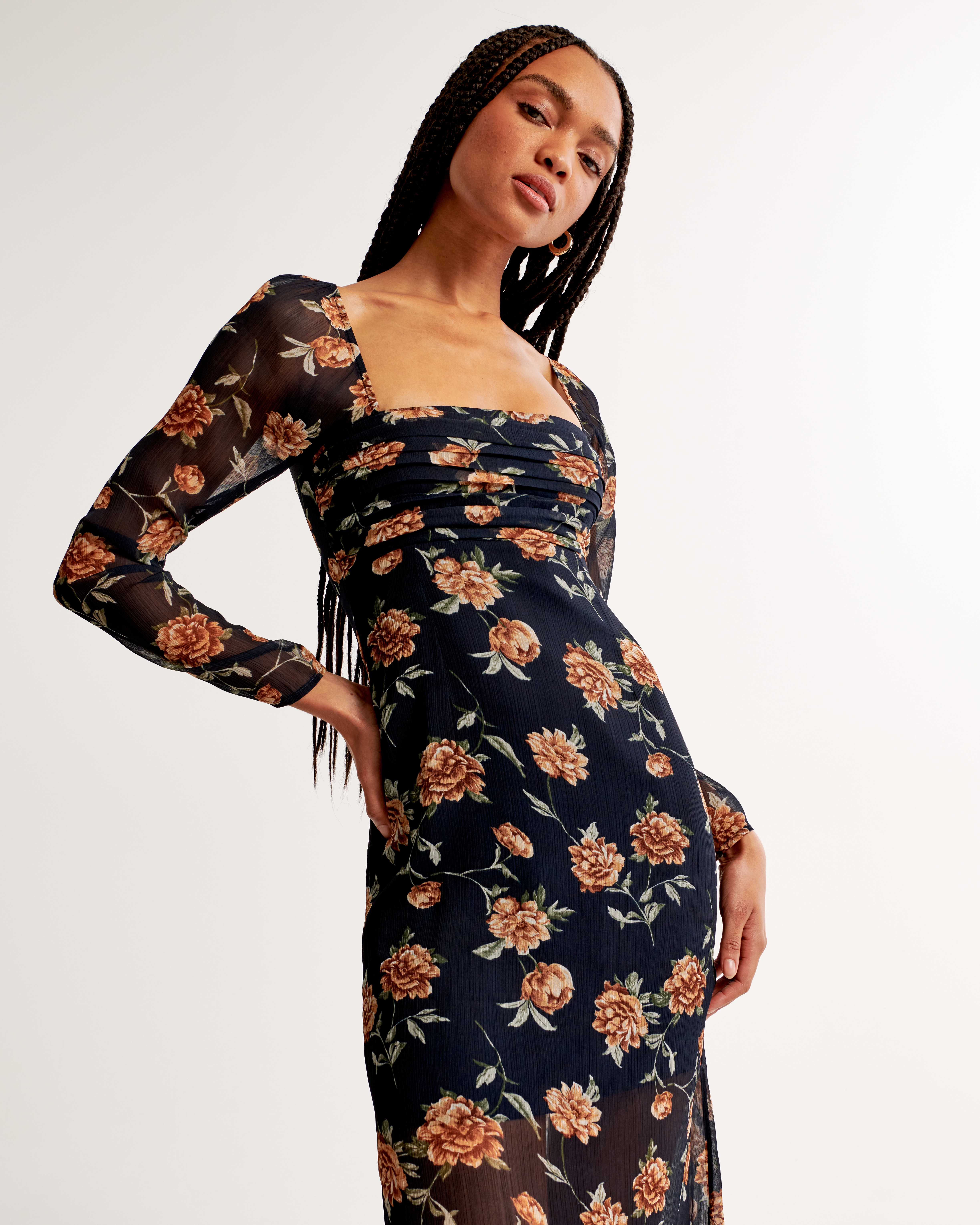 Women's The A&F Emerson Chiffon Long-Sleeve Midi Dress | Women's Clearance  | Abercrombie.com