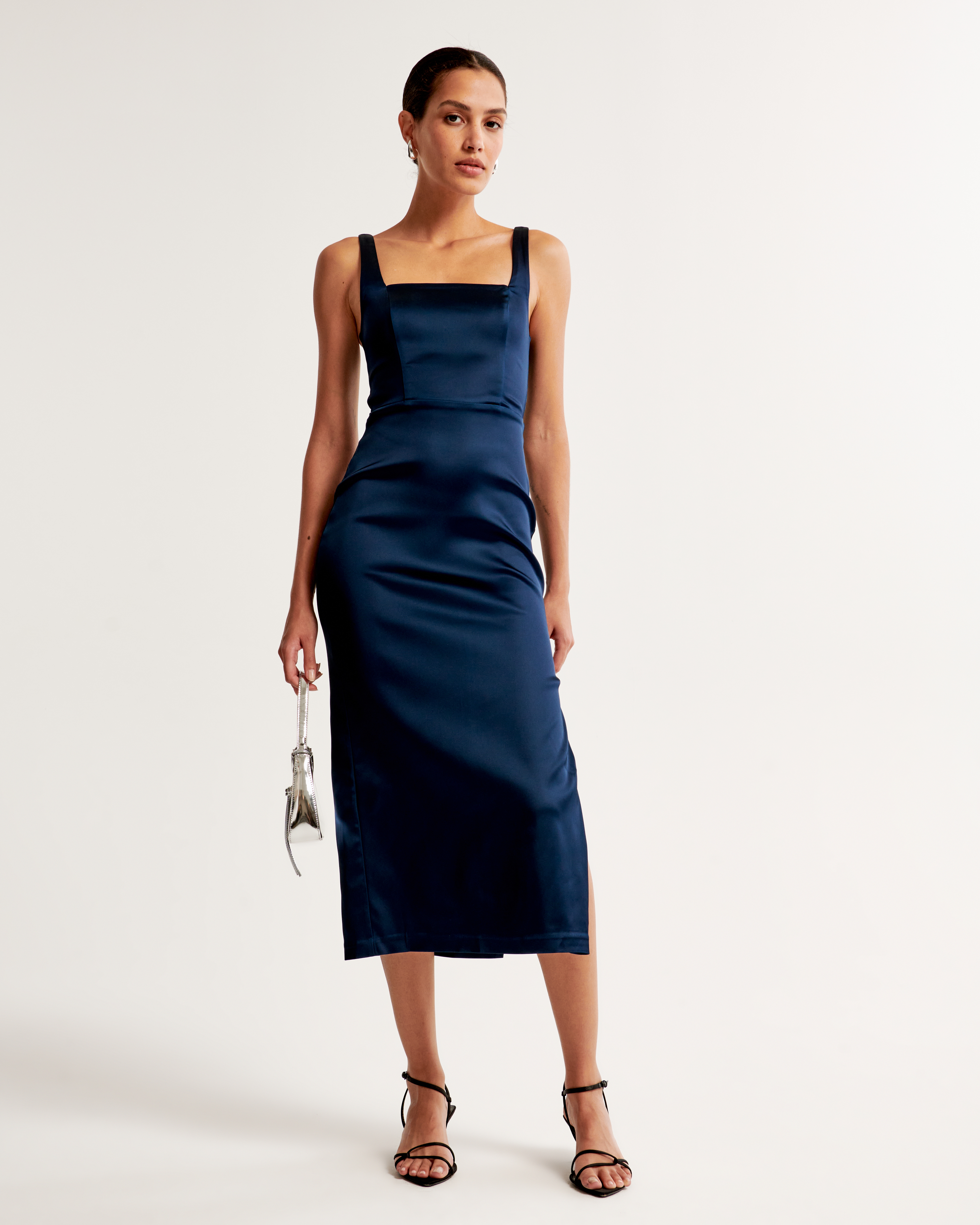 Navy satin clearance midi dress