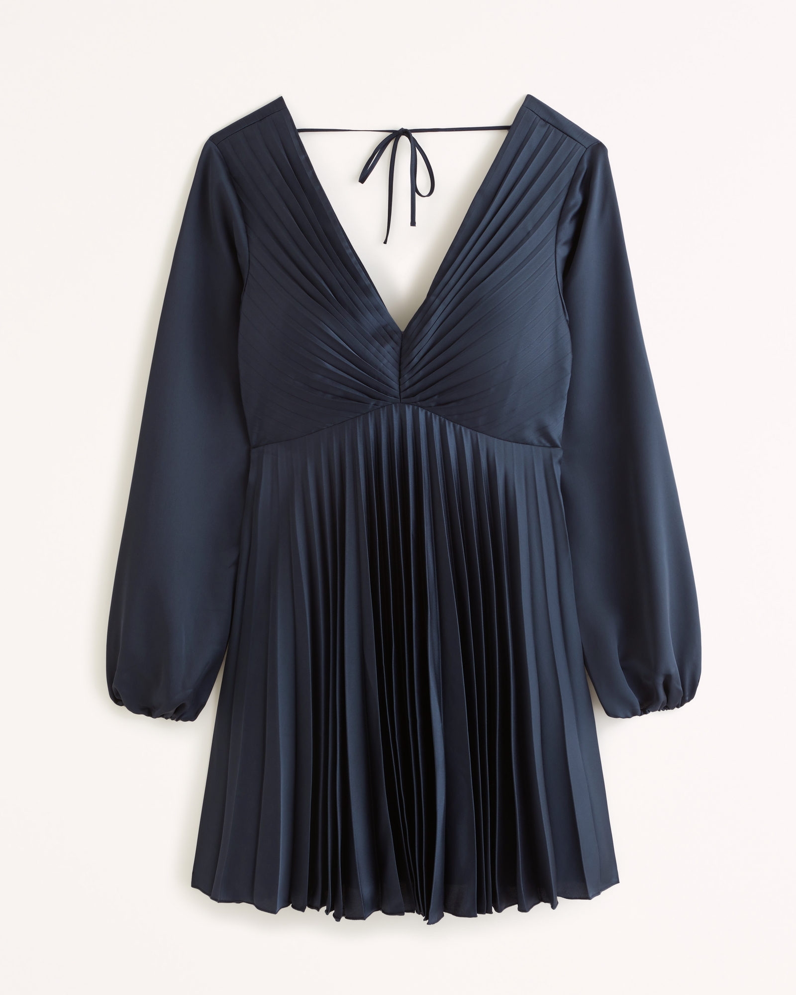 Long-Sleeve Satin Pleated Mini Dress