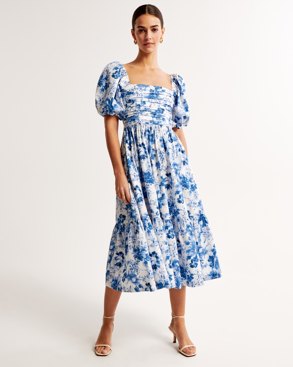 Emerson Poplin Puff Sleeve Midi Dress, Blue Floral