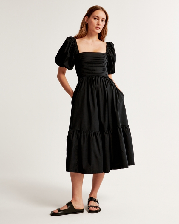 Emerson Poplin Puff Sleeve Midi Dress, Black