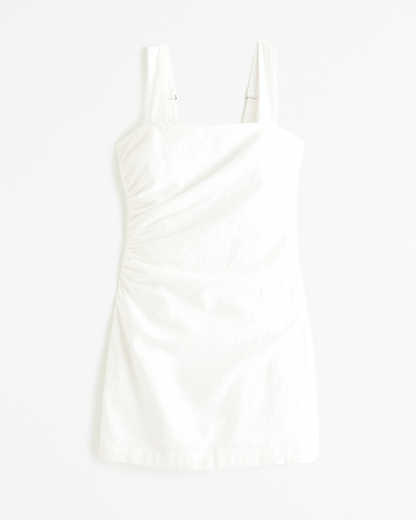 Linen-Blend Ruched Squareneck Mini Dress, White