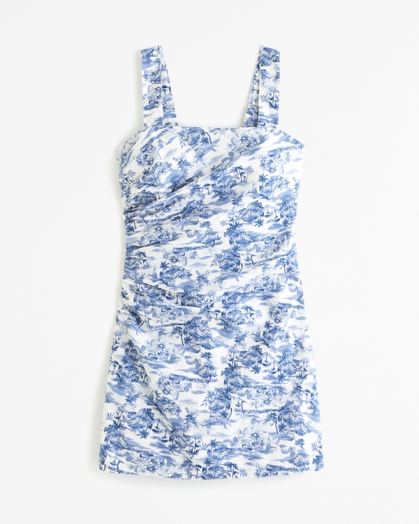 Linen-Blend Ruched Squareneck Mini Dress, Blue Pattern