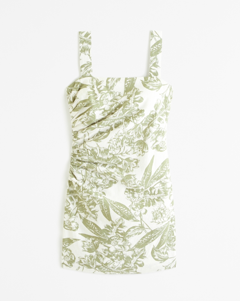 Women's Linen-Blend Ruched Squareneck Mini Dress - Abercrombie