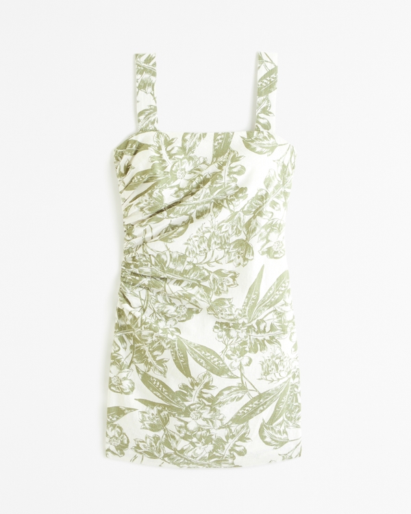 Linen-Blend Ruched Squareneck Mini Dress, Green Print