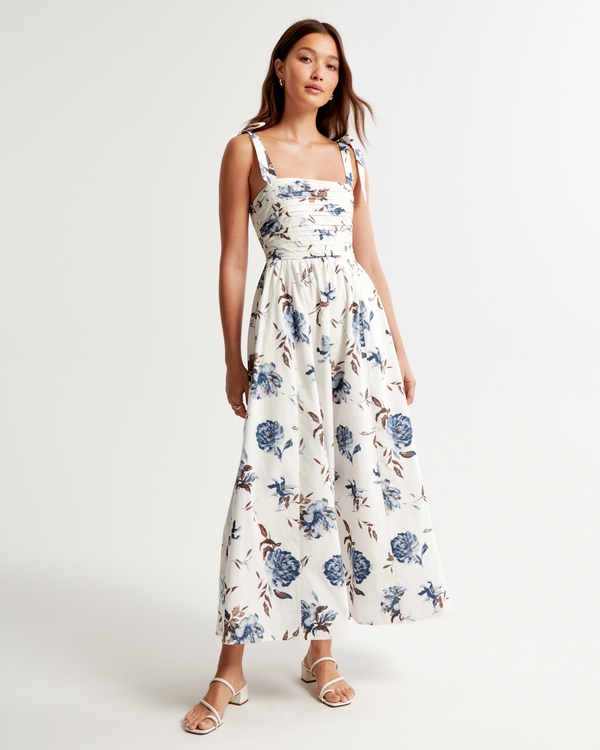 Emerson Tie-Strap Maxi Dress, Blue And Brown Floral