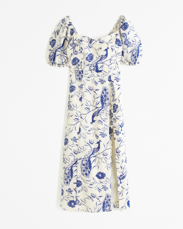 The A&F Camille Puff Sleeve Midi Dress, Blue Pattern