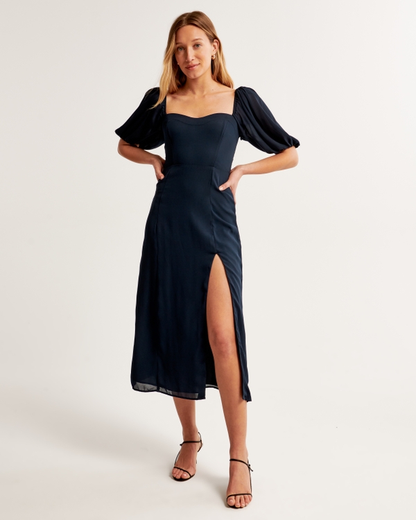 The A&F Camille Puff Sleeve Midi Dress, Navy