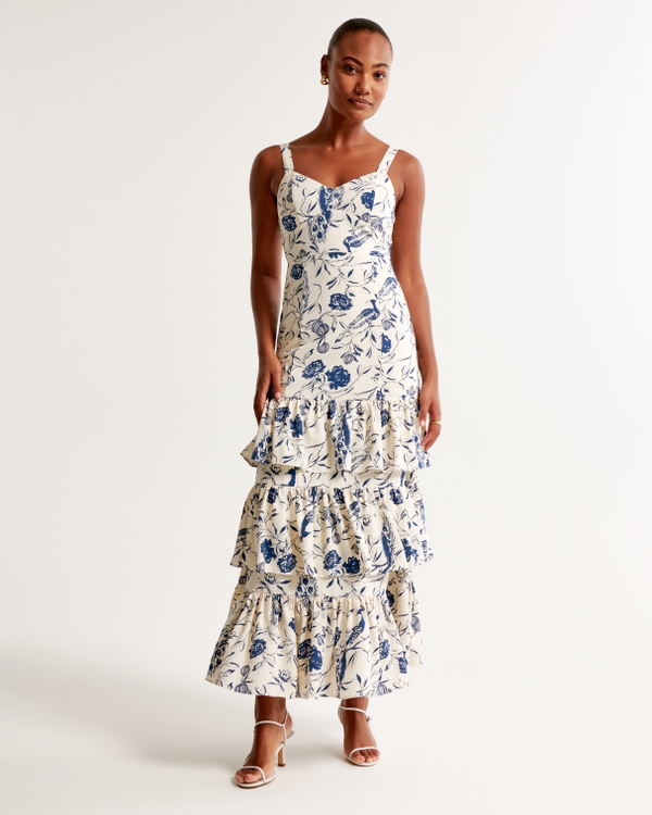 Drama Ruffle Tiered Maxi Dress, White Pattern