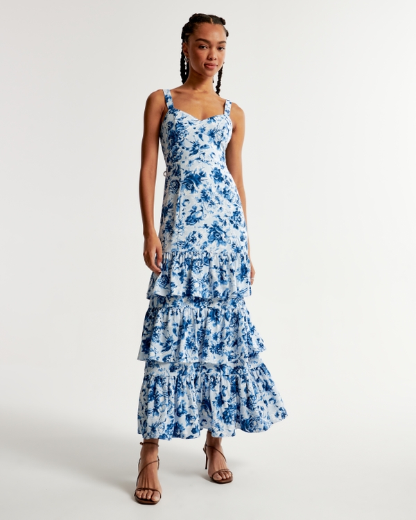 Drama Ruffle Tiered Gown, Blue Floral